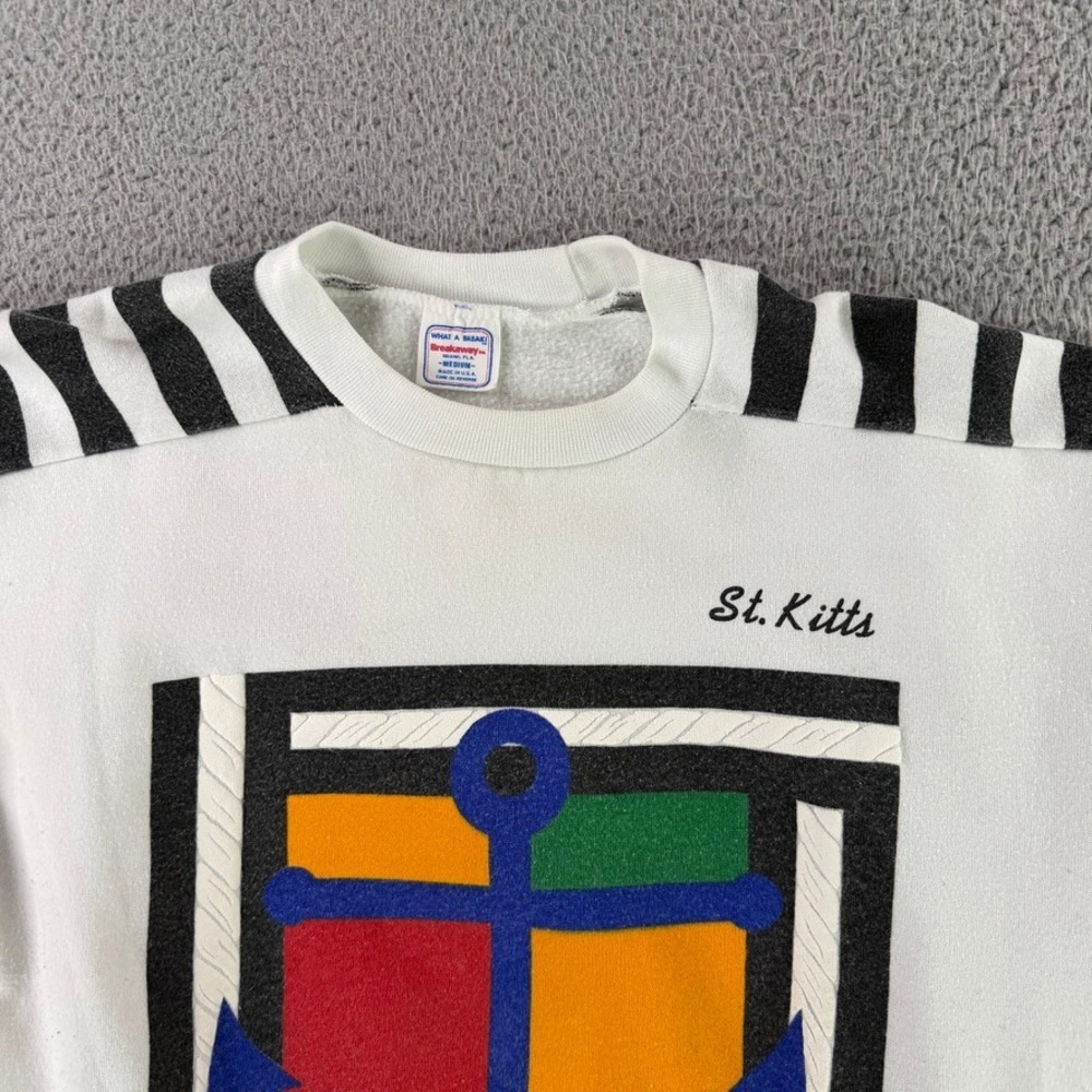 Vintage 80s St Kitts Sweatshirt Mens Medium White Nautical Anchor Colorblock USA